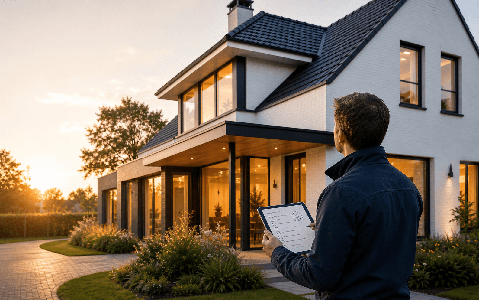 Inspecteur controleert een moderne woning met tablet