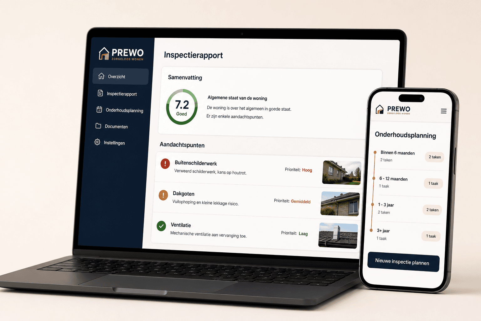 Voorbeeld van een Prewo inspectierapport op laptop en telefoon
